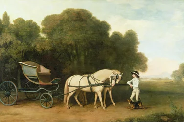 Ein Phaeton mit einem Paar cremefarbener Ponys in der Obhut eines Stallburschen, ca. 1780-85